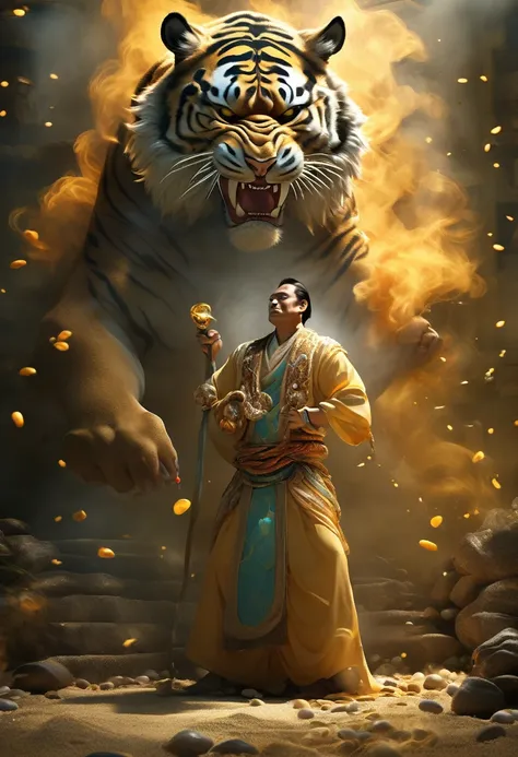 masterpiece, legend about incomparable wealth bestowed by a giant (human body, tiger head) has cool body posture, smoke, pebbles, random light and shadow, shining light special effects (full body portrait 1.4) perfect fantasy style about wealth , high reso...