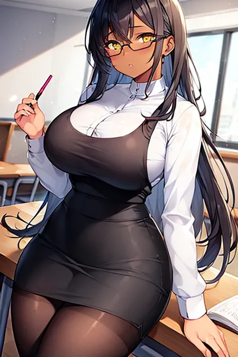 1girl, dark-skinned female, yellow eyes, parted lips, grey hair, long hair, large breasts, thick thighs, mature female, hourglass figure, teacher, shirt, white shirt, skirt, pencil skirt, pantyhose, black pantyhose, classroom, red glasses