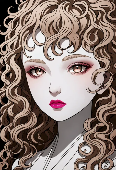 a girl with white skin with light brown curly hair, striking light brown eyes, pink lips,