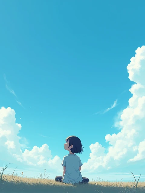 blue sky.Sitting girl、Looking above