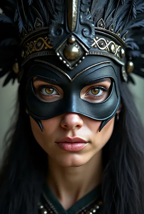 1 girl, 30 years , Shaman mask  ,big, painted with black, metal inserts   , It has big black feathers on it, Strong emotions in the eyes, Realistic anatomy, Best quality, in detail, high detail, quality, Very detailed, high quality, 