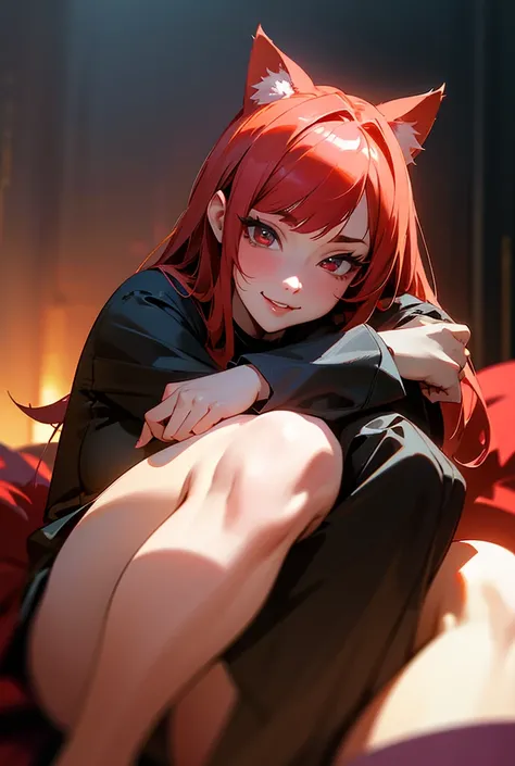 girl in anime style home clothes, sitting in a room, cat ears, red hair, red eyes, hugging her knees, beautiful detailed eyes, beautiful detailed lips, extremely detailed eyes and face, long eyelashes, (best quality,4k,8k,highres,masterpiece:1.2),ultra-det...