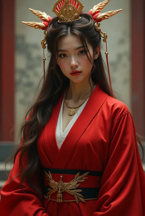 Muscular Japanese Empress in a Scarlet Red Outfit , long brown hair and dark brown eyes that has a serious and mysterious expression that wears a golden fan and a golden crown with scarlet red details 