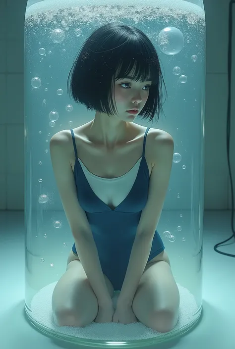 live-action、Real、A beautiful depressed Japanese woman wearing a navy blue and white swimsuit with thin straps and a round neckline is floating on her knees in a glass of carbonated water, staring at the bottom、Moderate bust、Black Hair、Short Bob、Disheveled ...