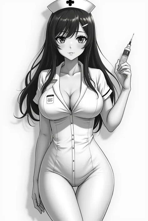 
draw me a beautiful sexy nurse anime character with nipples that are slightly visible cleavage that stands out and wants to inject you, full body from top to bottom to toe, monochrome color