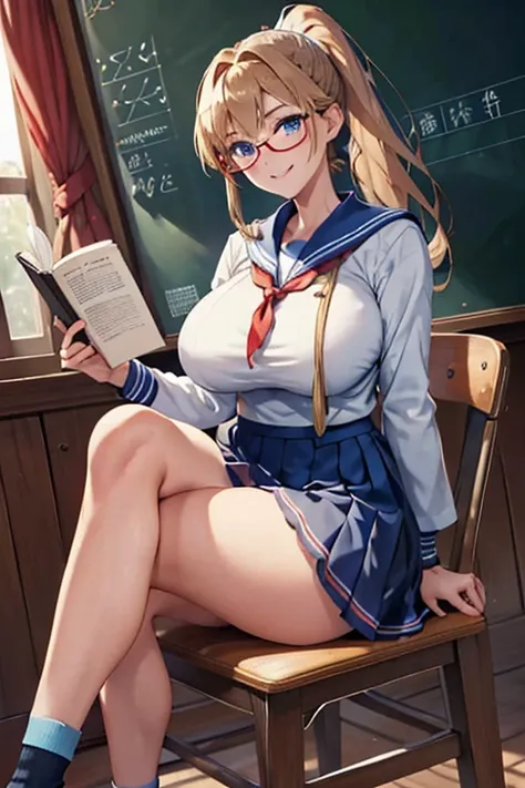 masterpiece,Best Quality,Super high-definition description,Full HD,16k,Super Resolution,Accurate human anatomy,Correct human anatomy,fun,smile,((Daytime,classroom,blackboard,machine,chair)),Sitting:1.7,Reading a book:2.0,One Woman,Staring at a book_Light b...