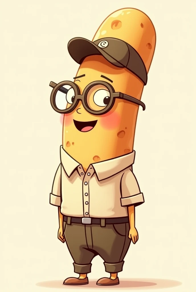 an animated baguette bread with a cap, glasses, pants and shirt