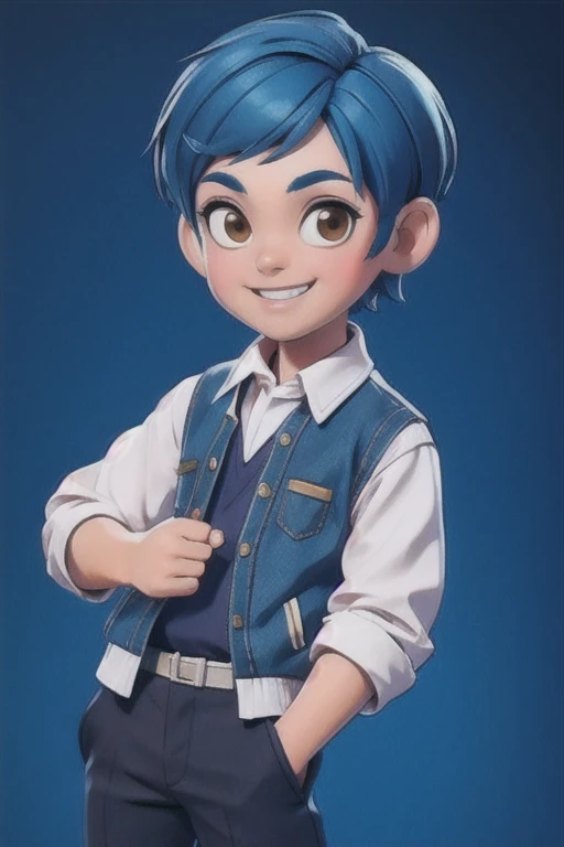 1boy, solo, teenager, pretty boy, short blue hair, bob-cut style, brown eyes, (Wearing: opened blue jacket, white undershirt and black pants), looking at viewer, smiling, his appearance reflects his cute and innocent personality, masterpiece, best quality,...