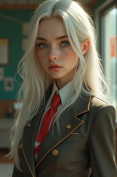 Generates a 20-year-old woman, with a serious face, SPLASHED NOSE, almond-shaped eyes and long white hair with brown tips, and have a 70&#39;s teacher outfit but look thin