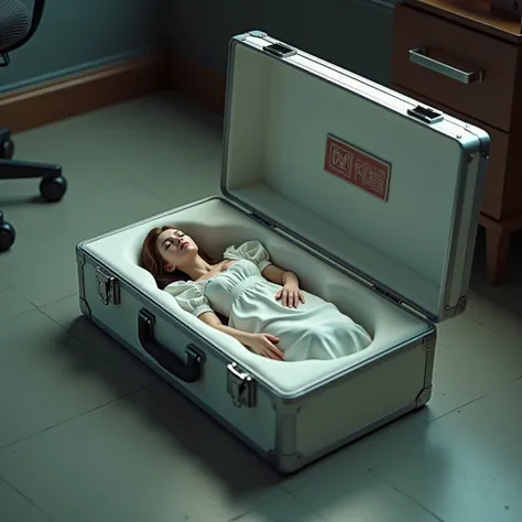 (photorealism:1.2), on the floor of a hotel office, There is a large lead-colored compact aluminum box with polystyrene inside., Inside there is a beautiful woman in a maid outfit placed as a product, lying down and in the fetal position, has his eyes clos...