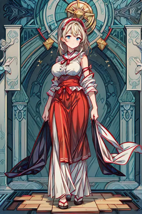 ((((masterpiece)))), ((((Best Quality)))), High resolution,4K,8k,shrine,whole body,Fine grain,Detailed face,woman,Young lady,Curvy,High resolution,Big Breasts,Long skirt,Frills