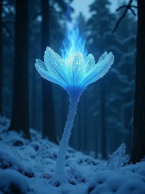 mysterious fairytale ice flower, blue and azure flames, blooms on a winter night in the heart of dark pine forest, intricate ilex background, ultra-detailed, 8k, photorealistic, professional, dramatic lighting, moody atmosphere, intricate ice crystal textu...