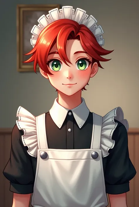 best quality, masterpiece, solo, 1boy,  smile,red hair, maid, maid apron, maid headdress, green eyes,