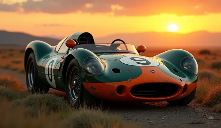 An old car lies uncovered on top, The dark green racing car with an orange line on the front and on the door with the number 9 and its orange mirrors was in a beautiful sunset. 