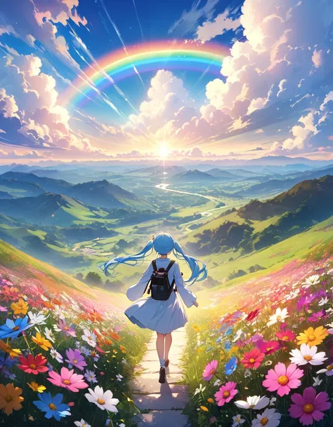 A big rainbow in the sky、Lots of cosmos flowers、Light blue long hair、A beautiful girl with twin tails is walking with a smile、Wonderful landscape