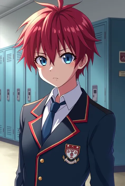 Teenager man with dark red hair and dark blue eyes with a rather serious look and Japanese anime style uniform with school anime background