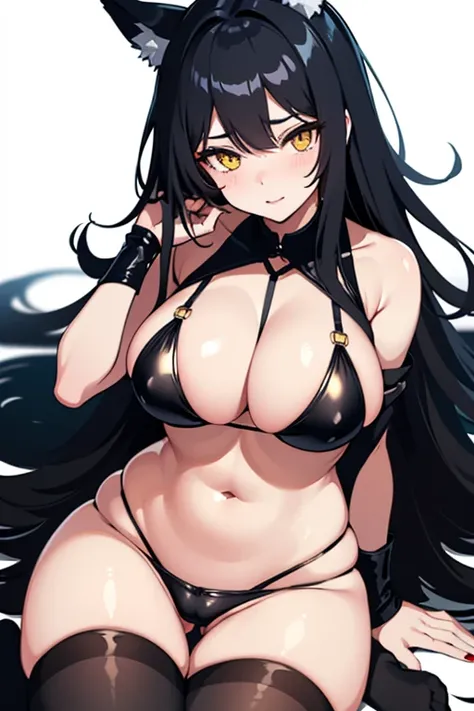 hot girl, beautiful long black hair, bright yellow eyes, sexy black bikini, big breasts, no panties and long black transparent socks, wolf ears