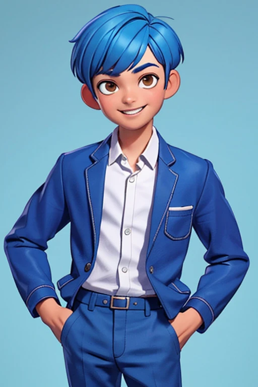 1boy, solo, teenager, pretty boy, short blue hair, bob-cut style, brown eyes, (Wearing: opened blue jacket, white shirt, tan pants), looking at viewer, smiling, his appearance reflects his cute and innocent personality, masterpiece, best quality,3d rending...