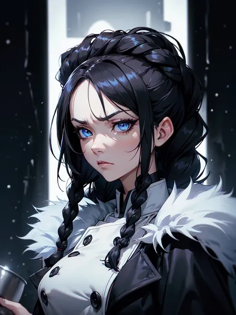 (((Portrait))), She has the Appearance of a Very Small and Slender , with a Fierce Temperament, an Anger Face and a Constant Frown. Her Sapphire Eyes Shine Brightly, Expressing the Fury of the Storm. Her Hair is Short and Dark Blue, with a Bare Forehead, a...