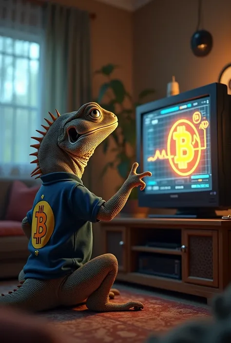  lizard in Bitcoin shirt watching TV in love with bitcoin price