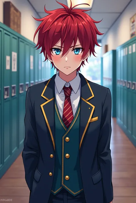 Teenager man with dark red hair and dark blue eyes with a rather serious look and Japanese anime style uniform with school anime background