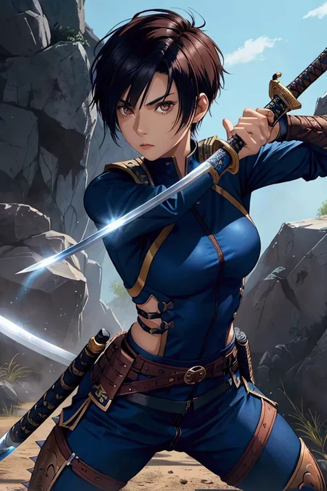 Warrior with short spiky hair, brown eyes, blue clothes and katana in hand 