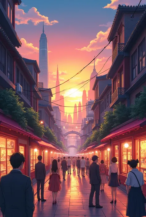 A beautiful evening city called Beltsy in anime style 
