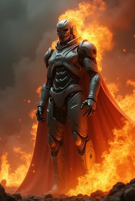 Make an image of a 3d character like mf doom on fire in the background 