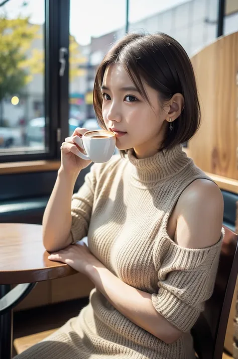 One Girl, ((Oversized high neck cable knit,short knit dress,I can see your shoulders)), (Beautiful Japanese Idol Portrait Photos), (Sitting in a cafe during the day, drinking a latte:1.5), (RAW Photos, Best Quality), (Realistic, photo-Realistic:1.4), maste...