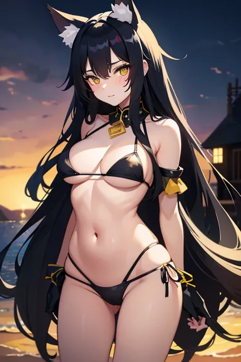 hot girl, beautiful long black hair, bright yellow eyes, sexy black bikini, big but medium size breasts, no panties, wolf ears