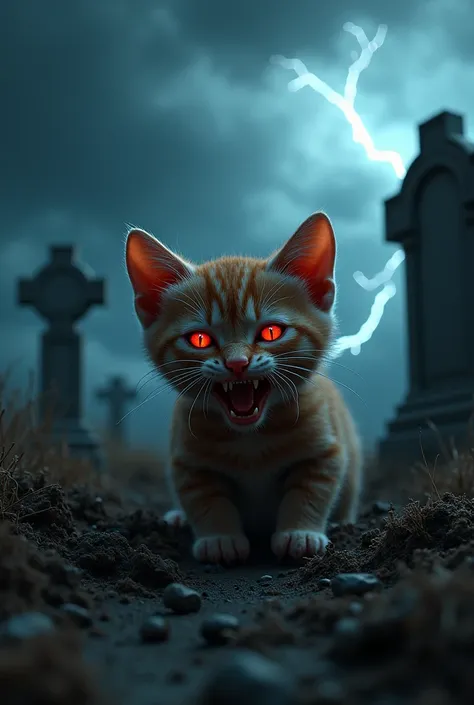 brown devil kitten comes out of the grave. Its night time. There is lightning in the sky. Hiper realistic image