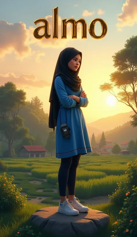 One girl muslim age 18 , stand on stone wears metalic smart watch, folded her left hand only wears blue colour dress and black scarf and  black colour legin pand and wears Black colour chappal and turns right side  and sky in sunset mood,in background vill...