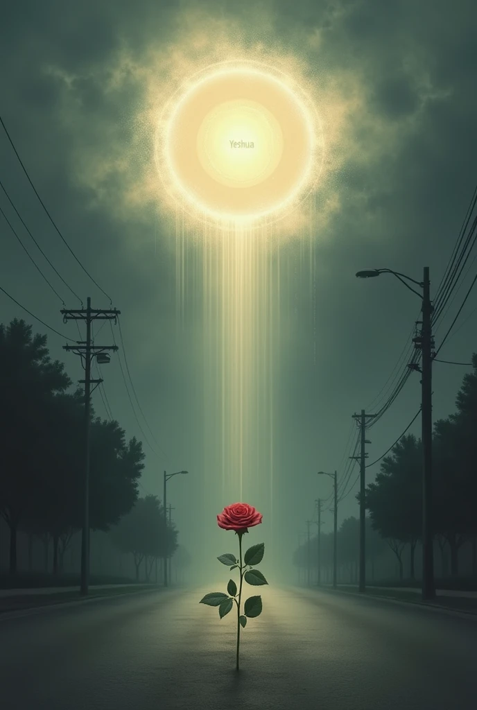 The sky over a street is gray because a storm is brewing. In the middle of the sky, a circle opens from which a strong light comes out, coming from the name Yeshua and illuminating a rose that is in the middle of the street..