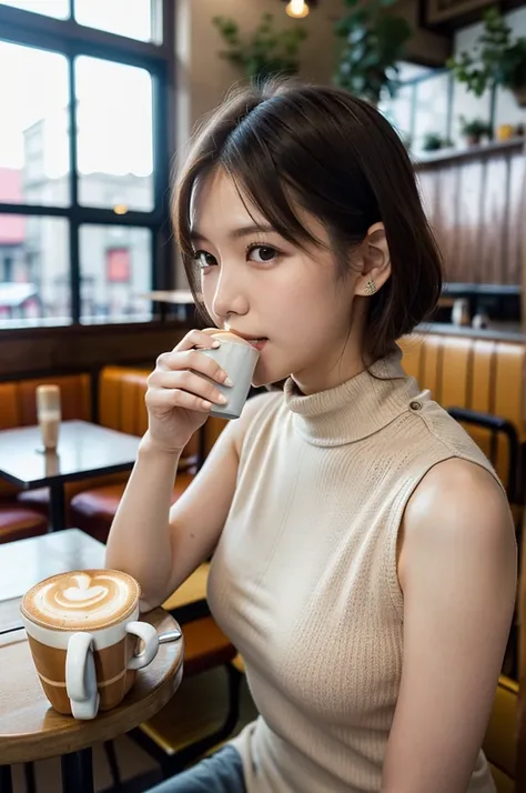 One Girl, ((Oversized high neck cable knit,short knit dress,I can see your shoulders:1.10)), (Beautiful Japanese Idol Portrait Photos), (Sitting in a cafe during the day, drinking a latte:1.8), (RAW Photos, Best Quality), (Realistic, photo-Realistic:1.4), ...