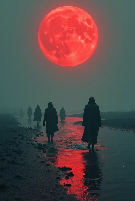 A dark dimension, a red moon, water going towards the red moon, time in slow motion, people walking in slow motion sideways, no landscape,   without hills