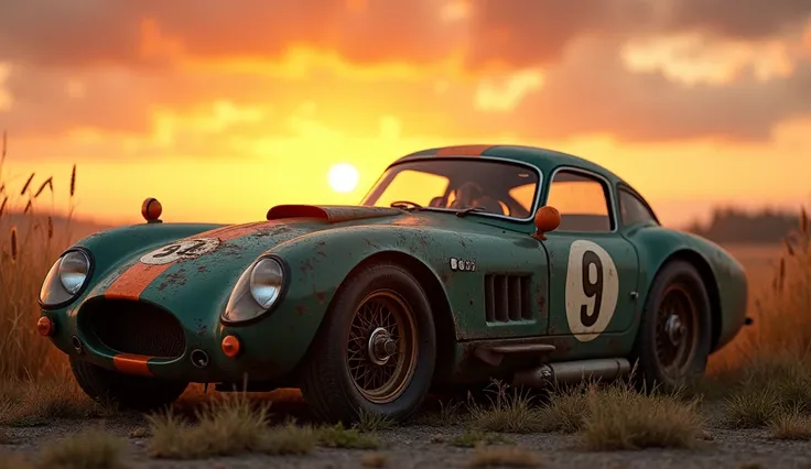 An old car lies uncovered on top, The dark green racing car with an orange line on the front and on the door with the number 9 and its orange mirrors was in a beautiful sunset.
