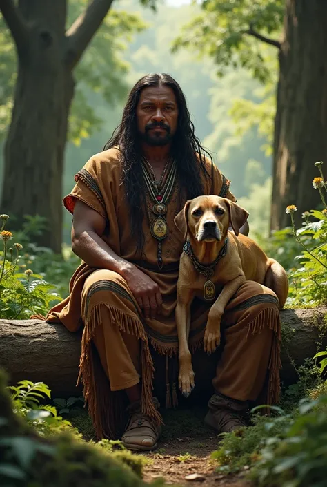 Black Native American sitting on a log in the forest in traditional clothes holding a dog