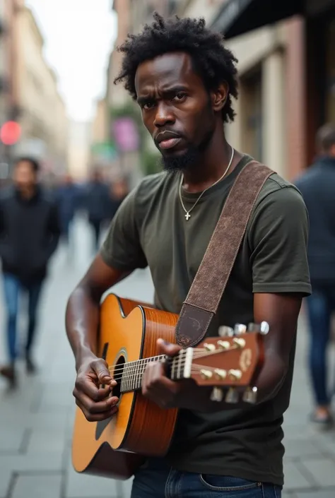 A close-up of the Local Musician, a young Black man, casually dressed, playing guitar on a quiet street corner. Only a few people, uninterested, walk past or glance at him. The musician looks frustrated as his efforts seem unnoticed