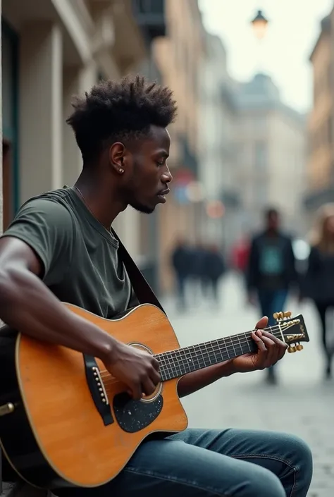 A close-up of the Local Musician, a young Black man, casually dressed, playing guitar on a quiet street corner. Only a few people, uninterested, walk past or glance at him. The musician looks frustrated as his efforts seem unnoticed