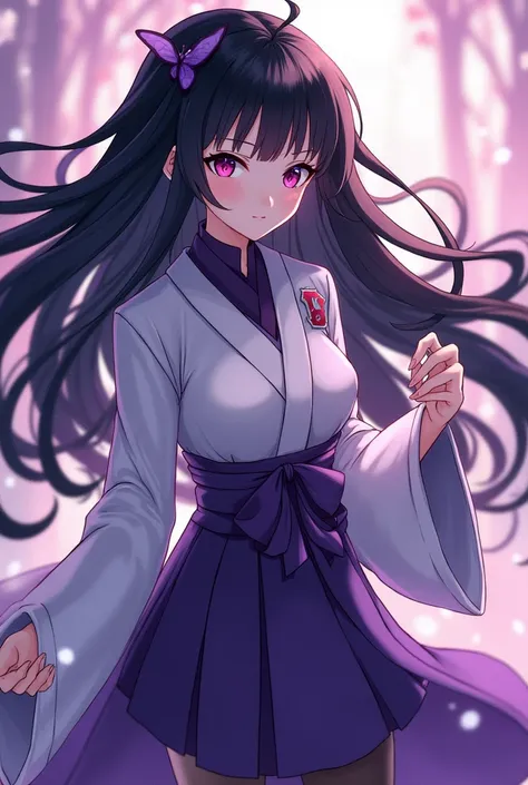 Woman with long black hair with a light purple butterfly, dark pink eyes, pale skin, hunter uniform with a white haori at the waist, a purple ribbon with a long skirt and black stockings Kimetsu No Yaiba ufotable