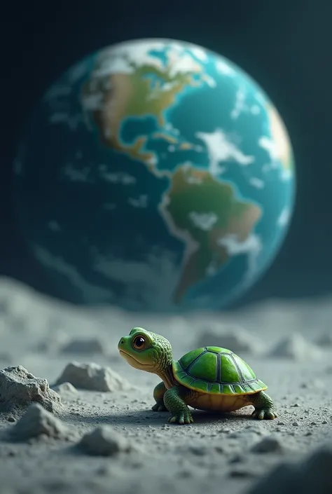 A little turtle looking at the earth from the moon