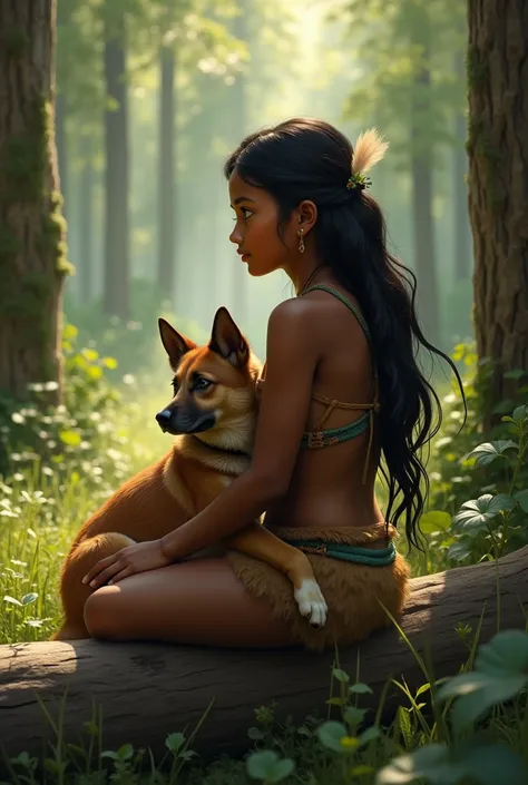 Black Native American girl sitting on a log in the forest holding a dog