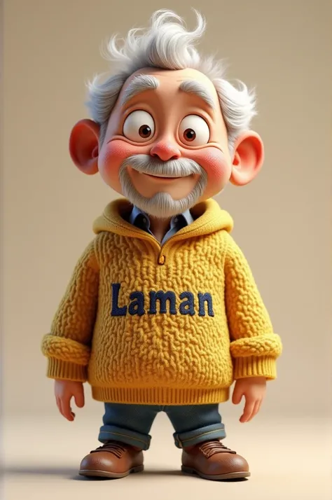 A 3D handsome old cartoon wearing jumper which is written"Laman" on it