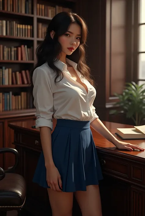 a beautiful young woman, professor, school uniform, white shirt, blue skirt, black stockings, library interior, bookshelves, books, desk, sensual pose, erotic, intimate, (best quality,4k,8k,highres,masterpiece:1.2),ultra-detailed,(realistic,photorealistic,...