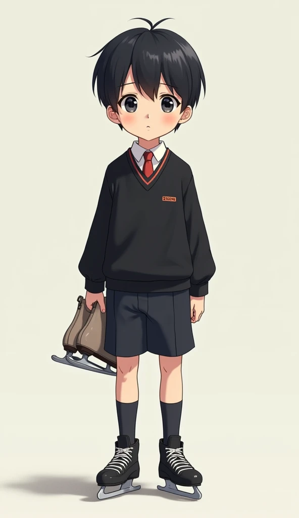 A Fullbody Picture of a really tall short black haired anime boy that has short hair, a slightly aquiline nose, slightly white skin and is 1cm tall, wearing a vocational Black Gakuran school uniform,Ice skater ⛸️