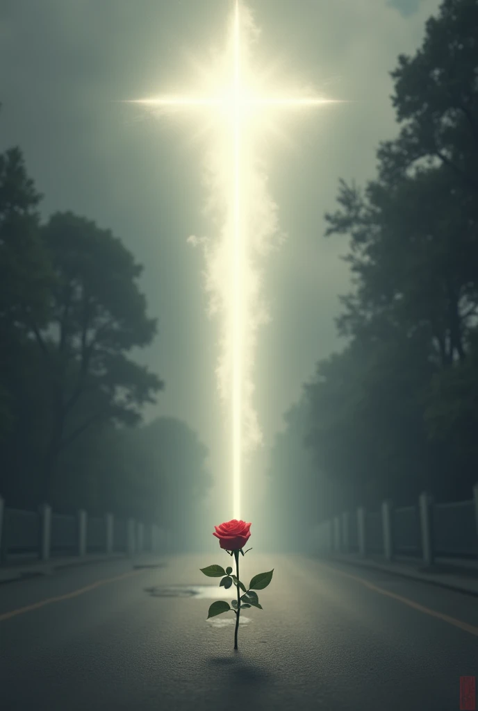 The sky of a street is gray, but from the middle of the sky comes a strong light with the name YESHUA above and this light illuminates a rose on the ground.