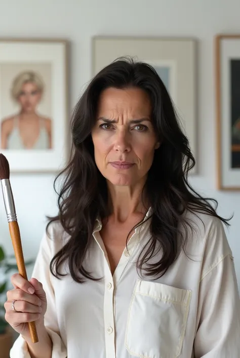 Black haired white woman 30 years old with a paintbrush in her hand looking at camera annoyed medium shot in a white apartment with paintings hanging on the frames
