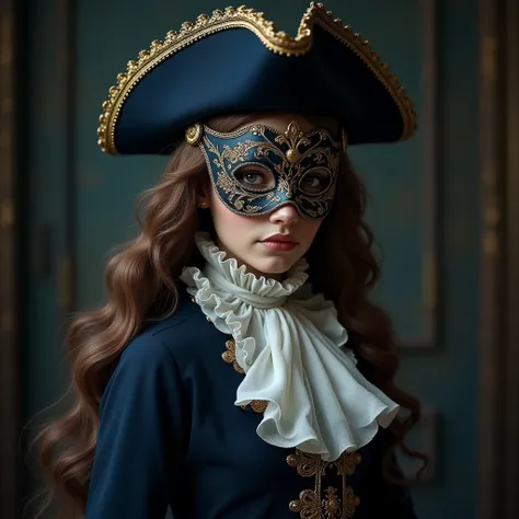 The misterious romantic caucasian young lady figure  is dressed in a elegantbaroque costume  era with a dark blue coat and white gold ornaments, ruffled jabot cravat, tricorn hat, trousers ,, long haircut wig , mask masquerade, ,but keep the formality appr...