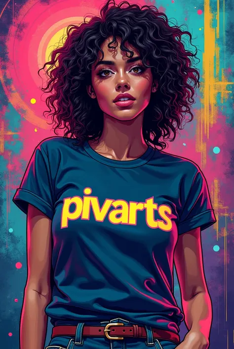 masterpiece,An illustration,A woman wearing a pop T-shirt,psychedelic,Neon Art,Layered textures,Vector art,For T-shirts"PIVARTS"it is written like this