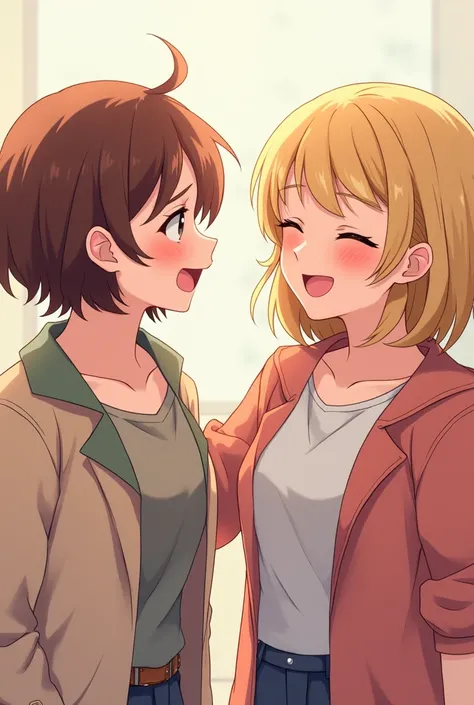 two best girl friends talking and laughing, One of them is brown-haired and the other is blonde., The chestnut has slightly short hair, the blonde normal hair 